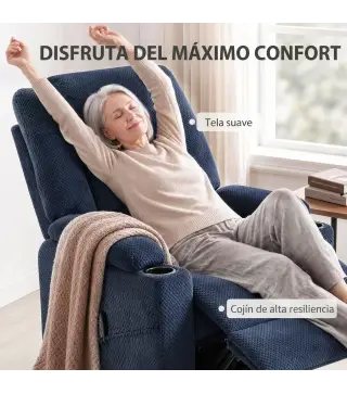 Sillón Relax Reclinable Eléctrico Levanta Personas Mayores con Masaje Calor Portavasos Mando Bolsillos Azul Oscuro