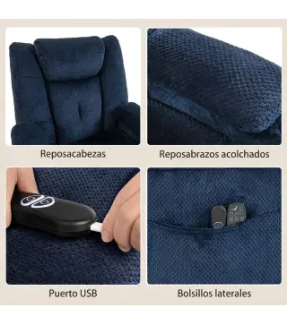 Sillón Relax Reclinable Eléctrico Levanta Personas Mayores con Masaje Calor Portavasos Mando Bolsillos Azul Oscuro