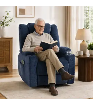 Sillón Relax Reclinable Eléctrico Levanta Personas Mayores con Masaje Calor Portavasos Mando Bolsillos Azul Oscuro