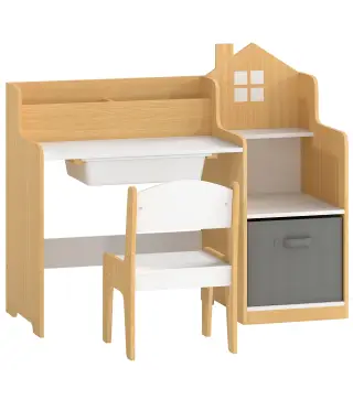 Escritorio Infantil con Silla con Caja de Tela Cajón 2 Compartimentos Estantes para Estudiar Dibujar 3-8 Años Natural