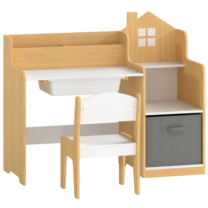 Escritorio Infantil con Silla con Caja de Tela Cajón 2 Compartimentos Estantes para Estudiar Dibujar 3-8 Años Natural