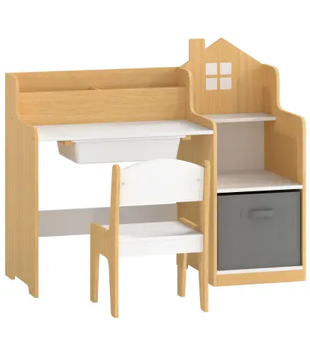 Escritorio Infantil con Silla con Caja de Tela Cajón 2 Compartimentos Estantes para Estudiar Dibujar 3-8 Años Natural