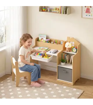 Escritorio Infantil con Silla con Caja de Tela Cajón 2 Compartimentos Estantes para Estudiar Dibujar 3-8 Años Natural