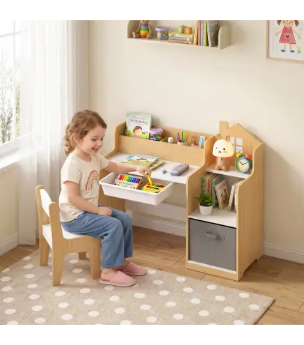 Escritorio Infantil con Silla con Caja de Tela Cajón 2 Compartimentos Estantes para Estudiar Dibujar 3-8 Años Natural