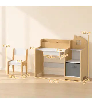 Escritorio Infantil con Silla con Caja de Tela Cajón 2 Compartimentos Estantes para Estudiar Dibujar 3-8 Años Natural