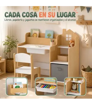 Escritorio Infantil con Silla con Caja de Tela Cajón 2 Compartimentos Estantes para Estudiar Dibujar 3-8 Años Natural