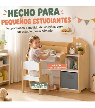 Escritorio Infantil con Silla con Caja de Tela Cajón 2 Compartimentos Estantes para Estudiar Dibujar 3-8 Años Natural