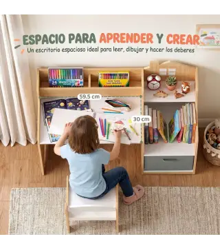 Escritorio Infantil con Silla con Caja de Tela Cajón 2 Compartimentos Estantes para Estudiar Dibujar 3-8 Años Natural