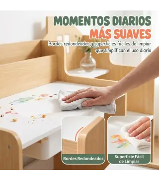 Escritorio Infantil con Silla con Caja de Tela Cajón 2 Compartimentos Estantes para Estudiar Dibujar 3-8 Años Natural