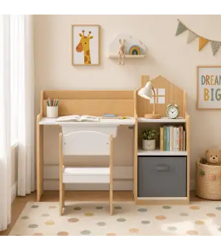 Escritorio Infantil con Silla con Caja de Tela Cajón 2 Compartimentos Estantes para Estudiar Dibujar 3-8 Años Natural