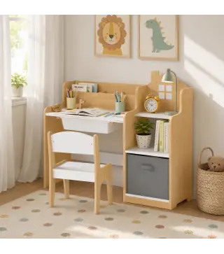 Escritorio Infantil con Silla con Caja de Tela Cajón 2 Compartimentos Estantes para Estudiar Dibujar 3-8 Años Natural