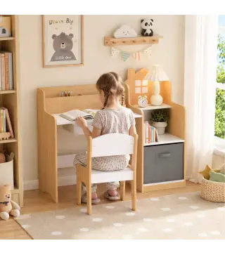 Escritorio Infantil con Silla con Caja de Tela Cajón 2 Compartimentos Estantes para Estudiar Dibujar 3-8 Años Natural