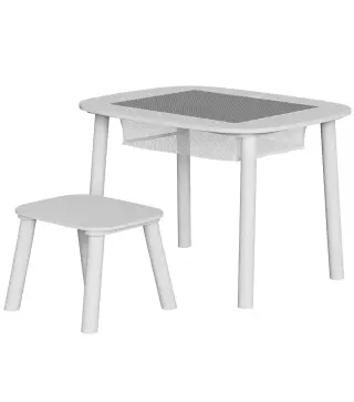 Mesa Infantil con Silla con Superficie para Bloques y Bolsa de Malla Bajo Mesa Montessori para Niños de 3-6 Años Blanco