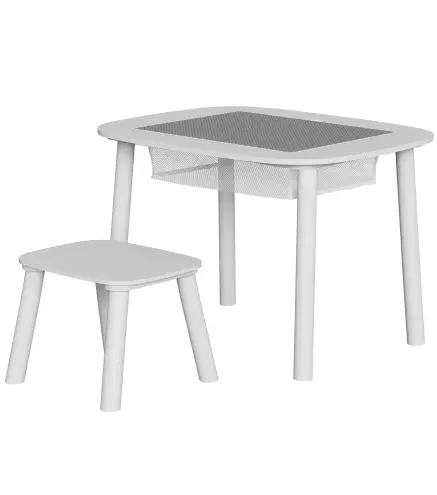 Mesa Infantil con Silla con Superficie para Bloques y Bolsa de Malla Bajo Mesa Montessori para Niños de 3-6 Años Blanco