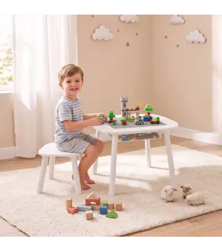 Mesa Infantil con Silla con Superficie para Bloques y Bolsa de Malla Bajo Mesa Montessori para Niños de 3-6 Años Blanco