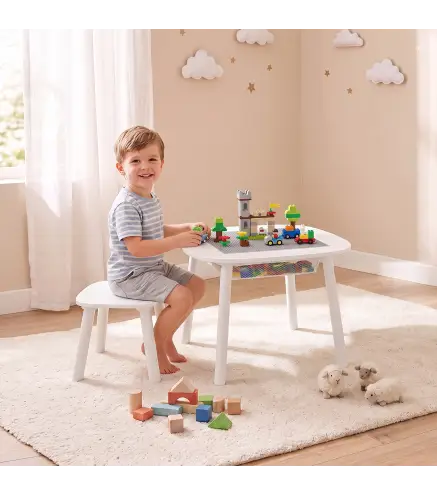 Mesa Infantil con Silla con Superficie para Bloques y Bolsa de Malla Bajo Mesa Montessori para Niños de 3-6 Años Blanco