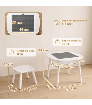 Mesa Infantil con Silla con Superficie para Bloques y Bolsa de Malla Bajo Mesa Montessori para Niños de 3-6 Años Blanco