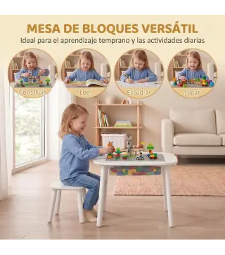 Mesa Infantil con Silla con Superficie para Bloques y Bolsa de Malla Bajo Mesa Montessori para Niños de 3-6 Años Blanco