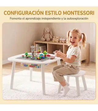 Mesa Infantil con Silla con Superficie para Bloques y Bolsa de Malla Bajo Mesa Montessori para Niños de 3-6 Años Blanco