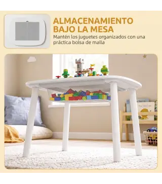 Mesa Infantil con Silla con Superficie para Bloques y Bolsa de Malla Bajo Mesa Montessori para Niños de 3-6 Años Blanco