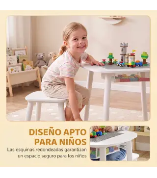 Mesa Infantil con Silla con Superficie para Bloques y Bolsa de Malla Bajo Mesa Montessori para Niños de 3-6 Años Blanco