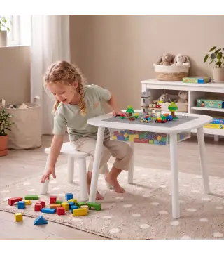 Mesa Infantil con Silla con Superficie para Bloques y Bolsa de Malla Bajo Mesa Montessori para Niños de 3-6 Años Blanco