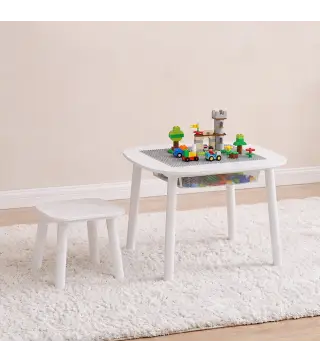 Mesa Infantil con Silla con Superficie para Bloques y Bolsa de Malla Bajo Mesa Montessori para Niños de 3-6 Años Blanco