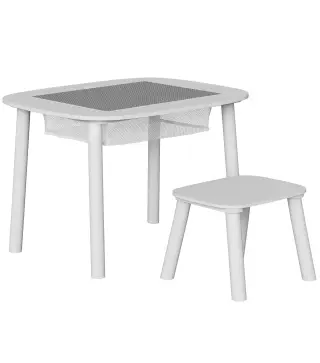 Mesa Infantil con Silla con Superficie para Bloques y Bolsa de Malla Bajo Mesa Montessori para Niños de 3-6 Años Blanco