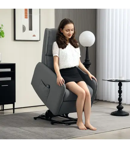 Sillón Relax Reclinable Eléctrico Levanta Personas de Tela Lino Control Remoto Asiento con Muelles Reposapiés Gris