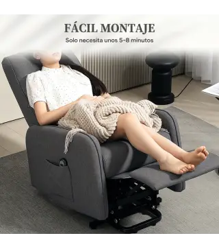 Sillón Relax Reclinable Eléctrico Levanta Personas de Tela Lino Control Remoto Asiento con Muelles Reposapiés Gris