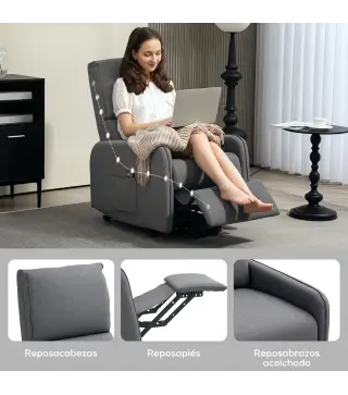 Sillón Relax Reclinable Eléctrico Levanta Personas de Tela Lino Control Remoto Asiento con Muelles Reposapiés Gris