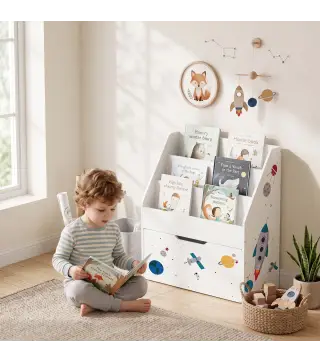 Librería Infantil con Cajón Móvil y 3 Estantes Estantería para Libros Diseño de Espacio Montessori 3 a 8 Años Blanco