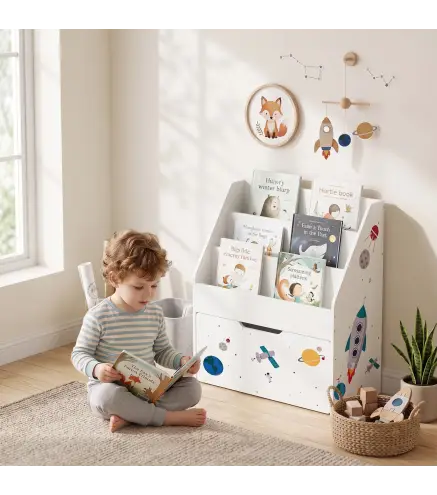 Librería Infantil con Cajón Móvil y 3 Estantes Estantería para Libros Diseño de Espacio Montessori 3 a 8 Años Blanco