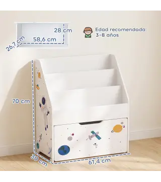 Librería Infantil con Cajón Móvil y 3 Estantes Estantería para Libros Diseño de Espacio Montessori 3 a 8 Años Blanco