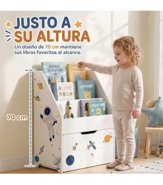 Librería Infantil con Cajón Móvil y 3 Estantes Estantería para Libros Diseño de Espacio Montessori 3 a 8 Años Blanco