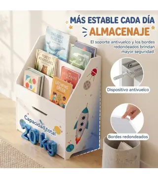 Librería Infantil con Cajón Móvil y 3 Estantes Estantería para Libros Diseño de Espacio Montessori 3 a 8 Años Blanco