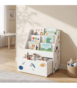 Librería Infantil con Cajón Móvil y 3 Estantes Estantería para Libros Diseño de Espacio Montessori 3 a 8 Años Blanco