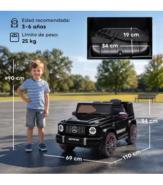 Coche Eléctrico Niños 12V Mercedes-AMG G63 Control Remoto 2 Motores Suspensión Trasera Arranque Suave Música Negro