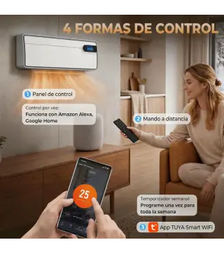 Calefactor Eléctrico Cerámico de Pared 2000W con WiFi App 3 Modos Pantalla LED Temporizador Mando a Distancia Blanco