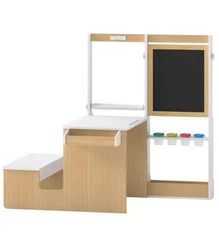 Mesa Infantil con Silla 5 en 1 con Pizarra Negra/Blanca y Rollo de Papel Almacenaje 4 Vasos de Pintura 3-8 Años Blanco