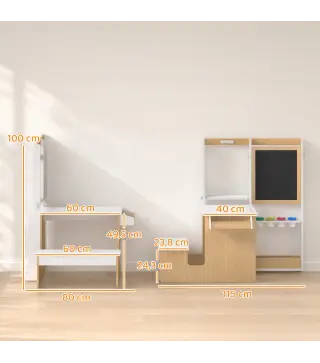 Mesa Infantil con Silla 5 en 1 con Pizarra Negra/Blanca y Rollo de Papel Almacenaje 4 Vasos de Pintura 3-8 Años Blanco