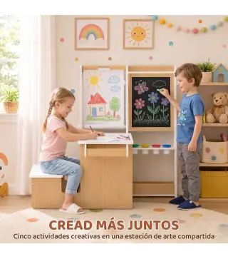 Mesa Infantil con Silla 5 en 1 con Pizarra Negra/Blanca y Rollo de Papel Almacenaje 4 Vasos de Pintura 3-8 Años Blanco