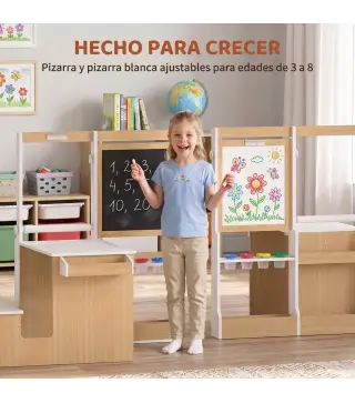 Mesa Infantil con Silla 5 en 1 con Pizarra Negra/Blanca y Rollo de Papel Almacenaje 4 Vasos de Pintura 3-8 Años Blanco
