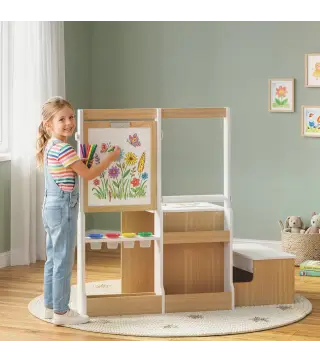Mesa Infantil con Silla 5 en 1 con Pizarra Negra/Blanca y Rollo de Papel Almacenaje 4 Vasos de Pintura 3-8 Años Blanco