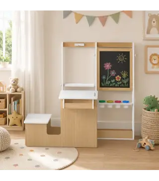 Mesa Infantil con Silla 5 en 1 con Pizarra Negra/Blanca y Rollo de Papel Almacenaje 4 Vasos de Pintura 3-8 Años Blanco