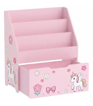 Librería Infantil con Cajón Móvil y 3 Estantes Estantería para Libros Diseño de Unicornio Montessori 3 a 8 Años Rosa