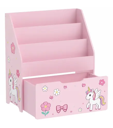 Librería Infantil con Cajón Móvil y 3 Estantes Estantería para Libros Diseño de Unicornio Montessori 3 a 8 Años Rosa