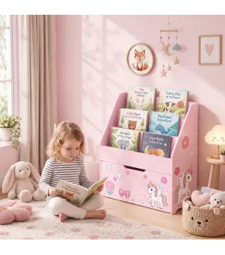 Librería Infantil con Cajón Móvil y 3 Estantes Estantería para Libros Diseño de Unicornio Montessori 3 a 8 Años Rosa