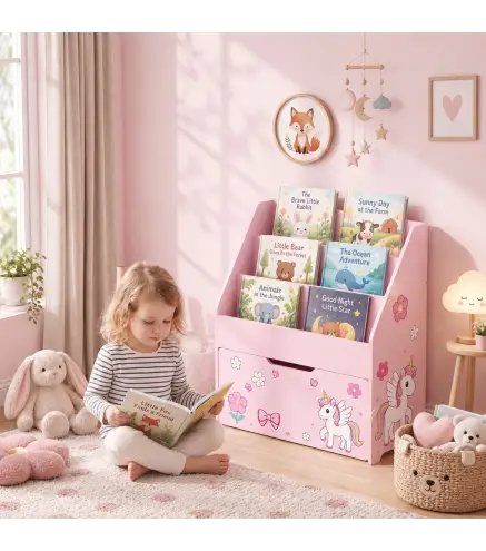 Librería Infantil con Cajón Móvil y 3 Estantes Estantería para Libros Diseño de Unicornio Montessori 3 a 8 Años Rosa