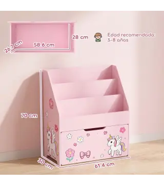 Librería Infantil con Cajón Móvil y 3 Estantes Estantería para Libros Diseño de Unicornio Montessori 3 a 8 Años Rosa